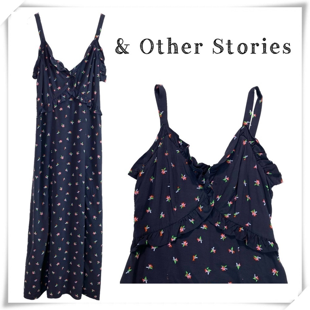& Other Stories Ruffle Front Floral Double Side Slits Maxi Dress Black Size 6